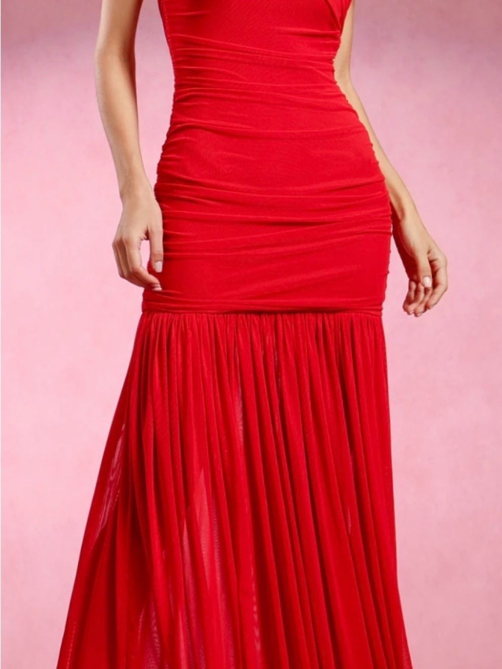 Red One-Shoulder Ruched Evening Dress - Picture 2 of 6